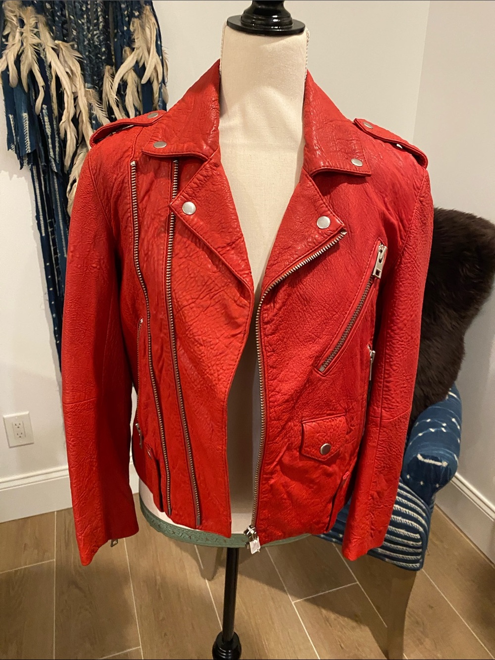 Zadig & Voltaire Red Leather Moto Jacket with Silver Hardware